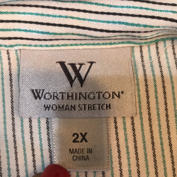 Worthington Striped Cotton Blend Blouse Button Front Short Sleeves Round Hem-2X - Picture 10 of 13